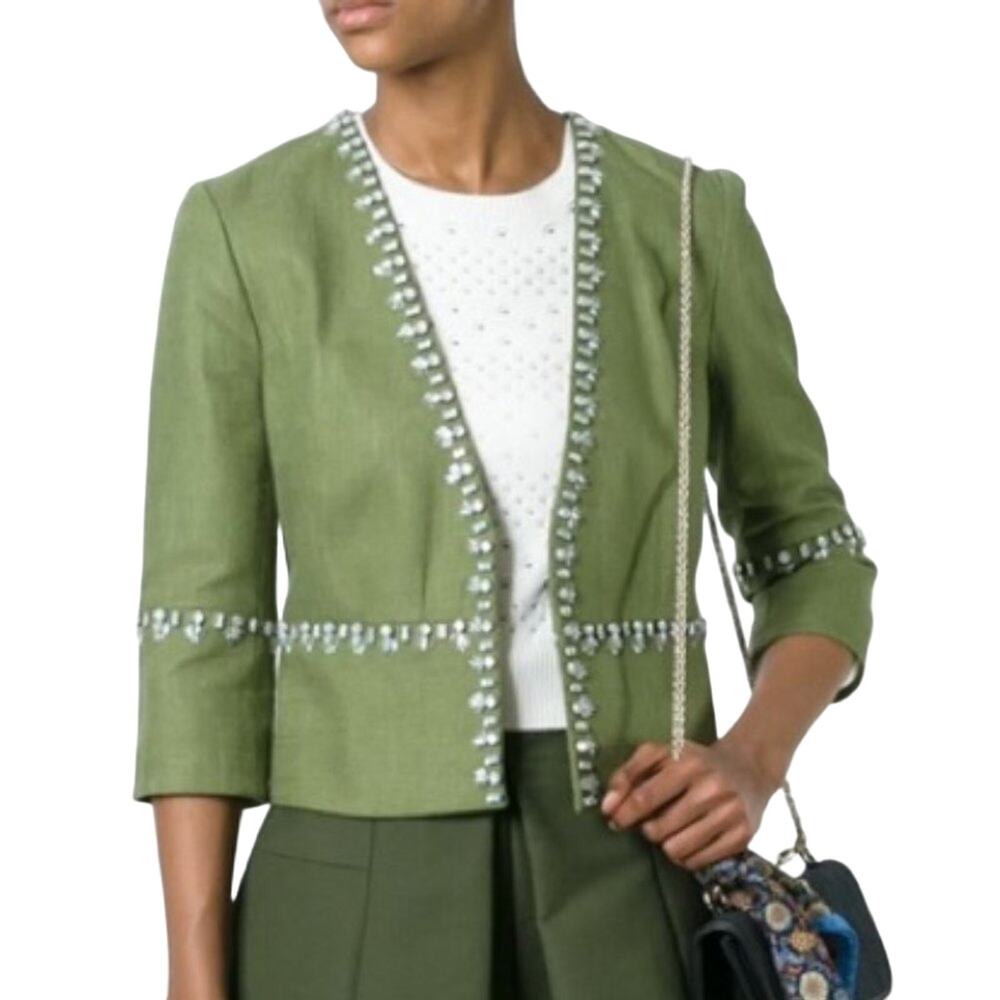 Tory Burch Embellished Avery Linen Boxy Jeweled Crop Jacket Green Silver US 6